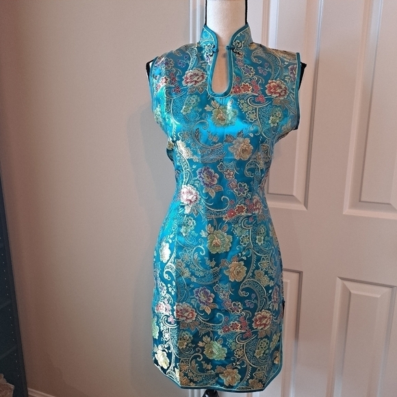 Huangchao Dresses & Skirts - Huangchao Mandarin Collar Dress Size XL turquoise floral sleeveless